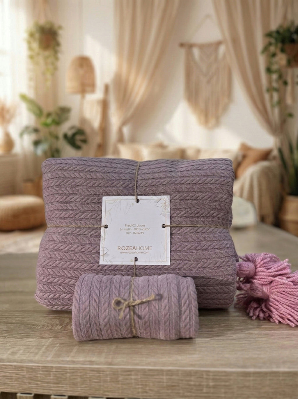 Plaid Violet en maille + 1 housse de coussin