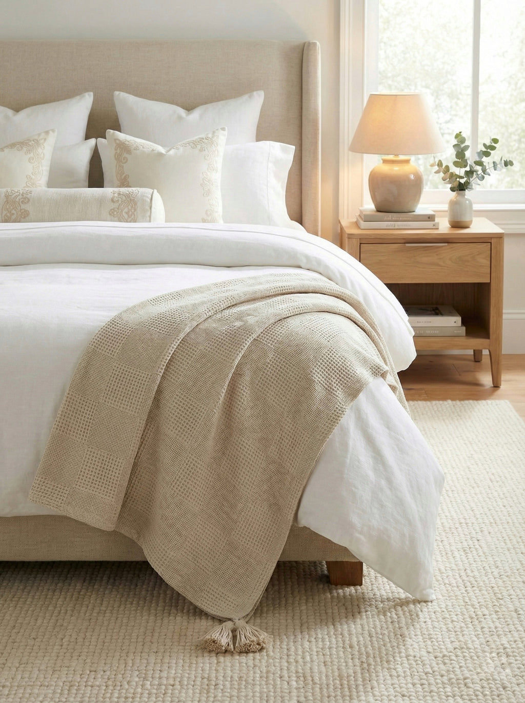 Plaid Beige en maille + housse de coussin