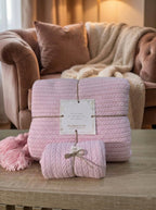 Plaid Rose en maille + 1 housse de coussin