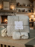 Plaid Beige en maille + housse de coussin